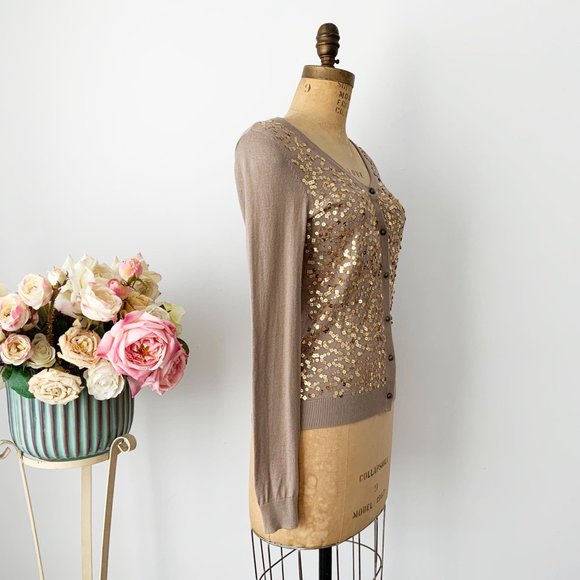 LOVE 21 Brown Knitted Size XS Cotton Cardigan with Gold Sequins Adornment - Picture 2 of 7